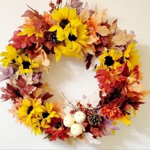 Hand Crafted Festive Autumn Wreath with Sunflowers and Pinecones Wreath